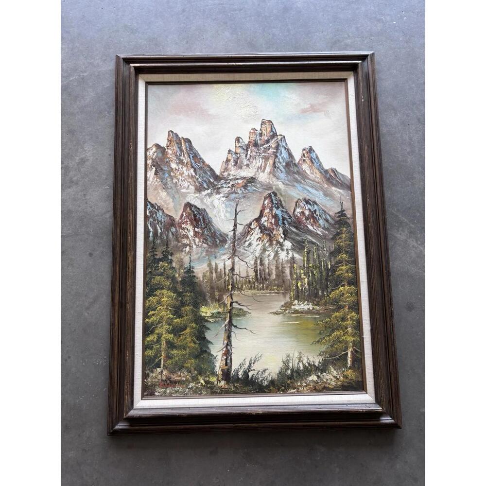 Vintage Original Mountain Landscape Oil Painting On Canvas Framed & Signed 24x36